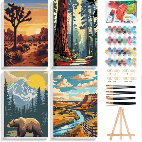 4 Pack Framed Paint by Numbers Kit for Adults Beginner with Wooden Easel, National Park Easy Adult Paint by Number Kits with Frame, DIY Number Painting for Adults Canvas for Home Decor Gift 8x12 Inch in Saudi Arabia
