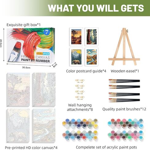 4 Pack Framed Paint by Numbers Kit for Adults Beginner with Wooden Easel, National Park Easy Adult Paint by Number Kits with Frame, DIY Number Painting for Adults Canvas for Home Decor Gift 8x12 Inch in Saudi Arabia