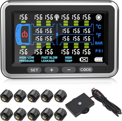 Truck tire Pressure Monitoring System (0-188PSI) 4.5-inch Screen with 10 Sensors, TCM22 Trailer/RV TPMS Color Display 6 Alert Modes,with Signal Booster tpms for Truck (10 Sensors) in Saudi Arabia