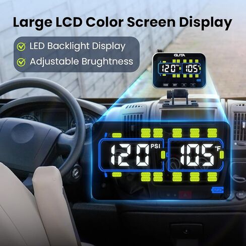 نظام مراقبة ضغط الإطارات GUTA، TPMS لمقطورة RV مع 10 أجهزة استشعار للتدفق وشاشة LCD ملونة، 6 أوضاع تنبيه، معزز الإشارة، استشعار لمسافات طويلة، للمقطورة والشاحنات ومنزل المحرك (0-188 رطل لكل بوصة مربعة) in Kuwait