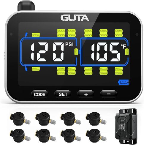 نظام مراقبة ضغط الإطارات GUTA، TPMS لمقطورة RV مع 10 أجهزة استشعار للتدفق وشاشة LCD ملونة، 6 أوضاع تنبيه، معزز الإشارة، استشعار لمسافات طويلة، للمقطورة والشاحنات ومنزل المحرك (0-188 رطل لكل بوصة مربعة) in Kuwait