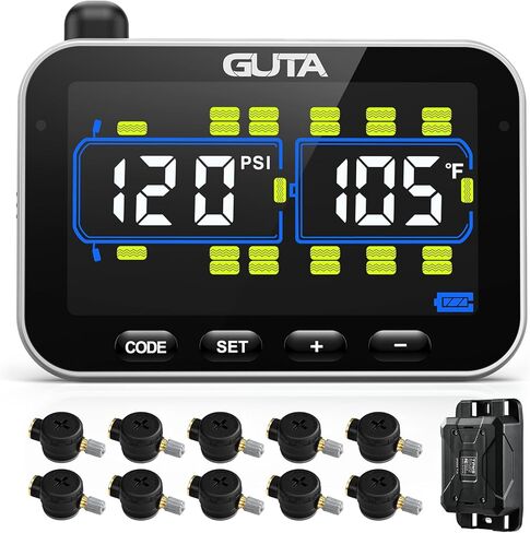 نظام مراقبة ضغط الإطارات GUTA، TPMS لمقطورة RV مع 10 أجهزة استشعار للتدفق وشاشة LCD ملونة، 6 أوضاع تنبيه، معزز الإشارة، استشعار لمسافات طويلة، للمقطورة والشاحنات ومنزل المحرك (0-188 رطل لكل بوصة مربعة) in Kuwait