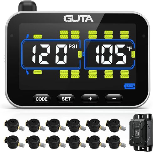 نظام مراقبة ضغط الإطارات GUTA، TPMS لمقطورة RV مع 10 أجهزة استشعار للتدفق وشاشة LCD ملونة، 6 أوضاع تنبيه، معزز الإشارة، استشعار لمسافات طويلة، للمقطورة والشاحنات ومنزل المحرك (0-188 رطل لكل بوصة مربعة) in Kuwait