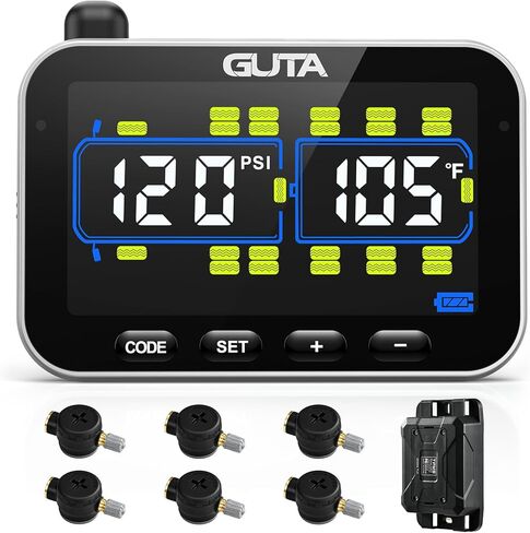 نظام مراقبة ضغط الإطارات GUTA، TPMS لمقطورة RV مع 10 أجهزة استشعار للتدفق وشاشة LCD ملونة، 6 أوضاع تنبيه، معزز الإشارة، استشعار لمسافات طويلة، للمقطورة والشاحنات ومنزل المحرك (0-188 رطل لكل بوصة مربعة) in Kuwait
