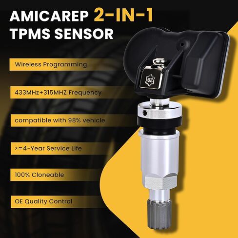 مستشعر TPMS عالمي 315 ميجا هرتز + 433 ميجا هرتز، مستشعر مراقبة ضغط الإطارات 2 في 1 قابل للبرمجة متوافق مع أداة TPMS TS408 TS508 TS608، ساق صمام معدني قابل للاستبدال (قطعة واحدة) in Kuwait