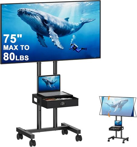 Hayexiha Rolling TV Stand with Drawer for 32-75 Inch TVs, Mobile TV Cart with 360° Wheels & Height Adjustable Shelf for Home & Office, Max VESA 600x400mm, Black in Saudi Arabia