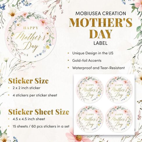 Mobiusea Creation Wildflower Happy Mother’s Day Stickers | Large 2 inch | 60pcs Gold Foil Mothers Day Stickers, Envelope Seal Stickers & Gift Labels for Gifts, Cards, Party Favors & Decorations in Kuwait