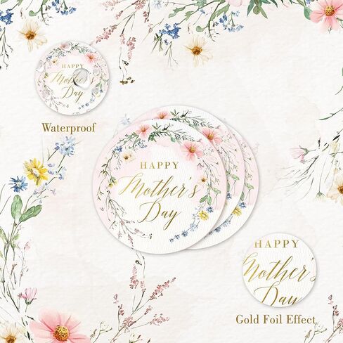 Mobiusea Creation Wildflower Happy Mother’s Day Stickers | Large 2 inch | 60pcs Gold Foil Mothers Day Stickers, Envelope Seal Stickers & Gift Labels for Gifts, Cards, Party Favors & Decorations in Kuwait