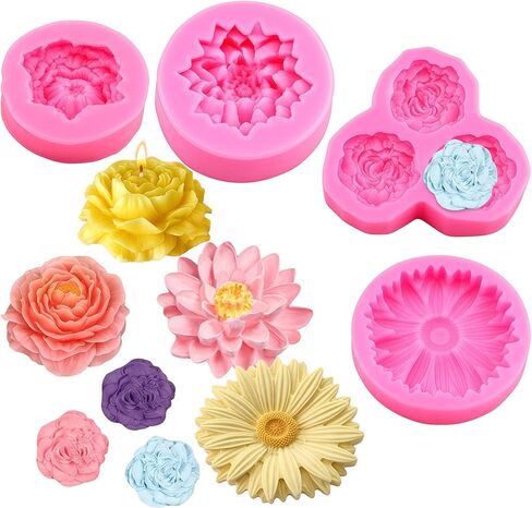 6-Cavity 3D Flower Silicone Molds Set of 4, Rose Peony Daisy Fondant Silicone Floral Molds for Candle Making, Soap, Epoxy Resin, Fondant, Chocolate, Polymer Clay, Easy Release Non-Stick Craft Molds in Kuwait