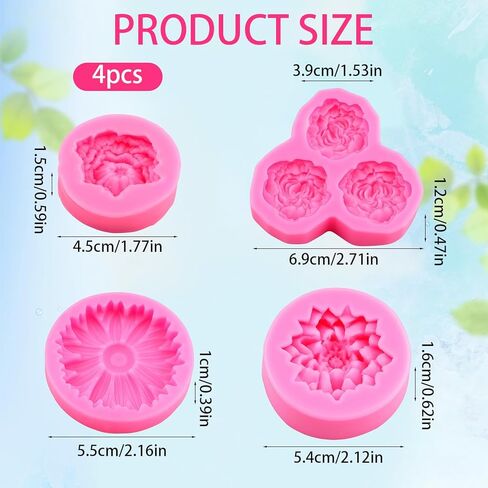 6-Cavity 3D Flower Silicone Molds Set of 4, Rose Peony Daisy Fondant Silicone Floral Molds for Candle Making, Soap, Epoxy Resin, Fondant, Chocolate, Polymer Clay, Easy Release Non-Stick Craft Molds in Kuwait