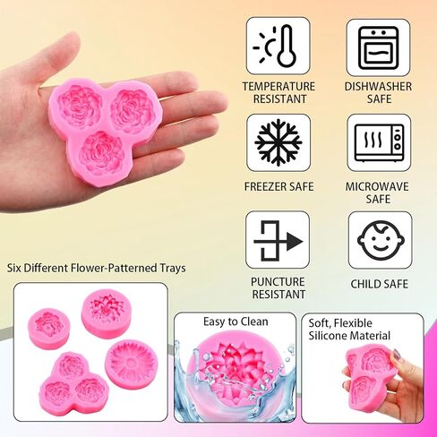 6-Cavity 3D Flower Silicone Molds Set of 4, Rose Peony Daisy Fondant Silicone Floral Molds for Candle Making, Soap, Epoxy Resin, Fondant, Chocolate, Polymer Clay, Easy Release Non-Stick Craft Molds in Kuwait