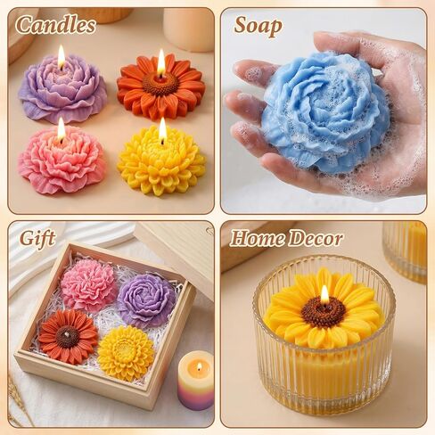 6-Cavity 3D Flower Silicone Molds Set of 4, Rose Peony Daisy Fondant Silicone Floral Molds for Candle Making, Soap, Epoxy Resin, Fondant, Chocolate, Polymer Clay, Easy Release Non-Stick Craft Molds in Kuwait