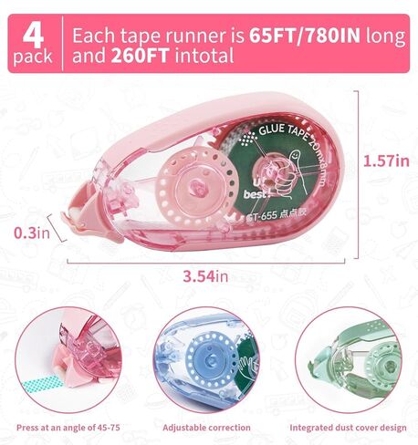 4 Pack Scrapbook Tape, 0.3IN x 65FT Extended Double Sided Tape Roller for Crafts, Residue-Free Adhesive Glue Runner for Paper Arts, Journal Scrapbook Supplies, School Office Supplies for Adults in Saudi Arabia