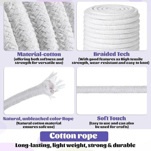 166 Ft 3/8 Inch Braided Cotton Rope, Natural Soft White Cotton Rope Utility for Clothesline, Swing, DIY, Baskets, Camping, Crafting, Flag Pole in Saudi Arabia