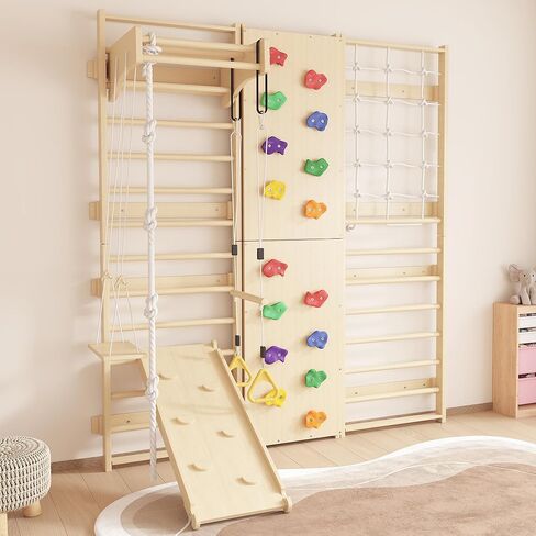 Cofiyard 9-in-1 Swedish Ladder Wall Gym & Climber, 94.5'' Wooden Wall-Mounted Climbing Set with Double-Sided Slide, Swing, Rope, Rings, Monkey Bars, Kids Indoor Playset, Wooden Climbing Jungle Gym in Saudi Arabia