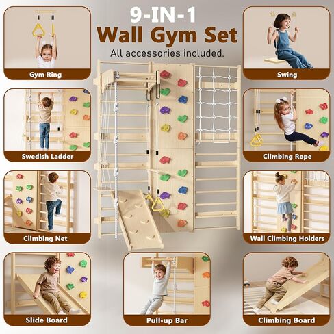 Cofiyard 9-in-1 Swedish Ladder Wall Gym & Climber, 94.5'' Wooden Wall-Mounted Climbing Set with Double-Sided Slide, Swing, Rope, Rings, Monkey Bars, Kids Indoor Playset, Wooden Climbing Jungle Gym in Saudi Arabia