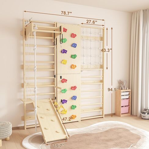 Cofiyard 9-in-1 Swedish Ladder Wall Gym & Climber, 94.5'' Wooden Wall-Mounted Climbing Set with Double-Sided Slide, Swing, Rope, Rings, Monkey Bars, Kids Indoor Playset, Wooden Climbing Jungle Gym in Saudi Arabia