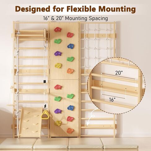 Cofiyard 9-in-1 Swedish Ladder Wall Gym & Climber, 94.5'' Wooden Wall-Mounted Climbing Set with Double-Sided Slide, Swing, Rope, Rings, Monkey Bars, Kids Indoor Playset, Wooden Climbing Jungle Gym in Saudi Arabia