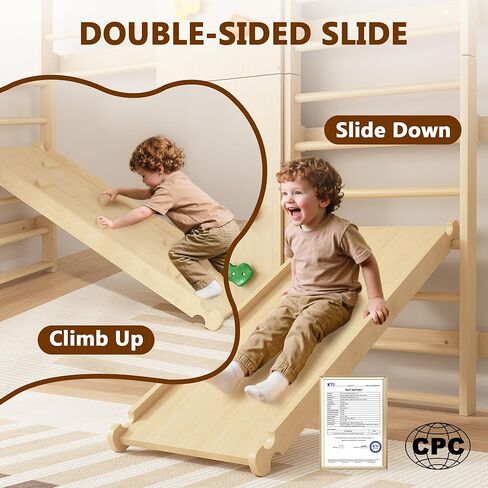 Cofiyard 9-in-1 Swedish Ladder Wall Gym & Climber, 94.5'' Wooden Wall-Mounted Climbing Set with Double-Sided Slide, Swing, Rope, Rings, Monkey Bars, Kids Indoor Playset, Wooden Climbing Jungle Gym in Saudi Arabia