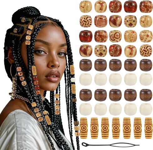 60 Pcs Hair Beads, Wooden Painted Beads Vintage Dreadlock Large Bead Hair Jewelry Hairs Charms Hairs Cuffs Dreadlock Accessories for Kids Women Men Crafts DIY Bracelets Necklace Braids in Kuwait