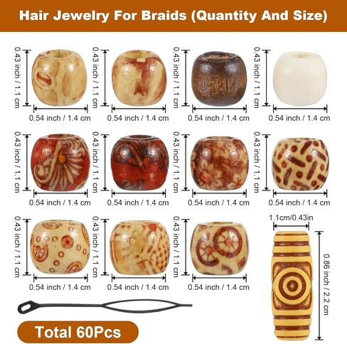 60 Pcs Hair Beads, Wooden Painted Beads Vintage Dreadlock Large Bead Hair Jewelry Hairs Charms Hairs Cuffs Dreadlock Accessories for Kids Women Men Crafts DIY Bracelets Necklace Braids in Kuwait