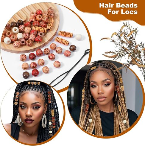 60 Pcs Hair Beads, Wooden Painted Beads Vintage Dreadlock Large Bead Hair Jewelry Hairs Charms Hairs Cuffs Dreadlock Accessories for Kids Women Men Crafts DIY Bracelets Necklace Braids in Kuwait