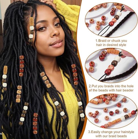 60 Pcs Hair Beads, Wooden Painted Beads Vintage Dreadlock Large Bead Hair Jewelry Hairs Charms Hairs Cuffs Dreadlock Accessories for Kids Women Men Crafts DIY Bracelets Necklace Braids in Kuwait