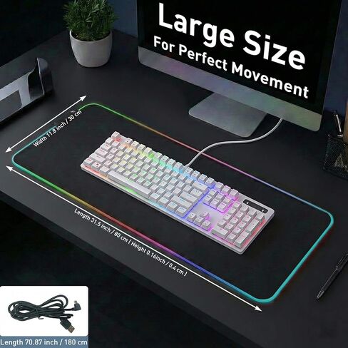 لوحة ماوس ألعاب RGB، لوحة ماوس كبيرة مقاس 31.5 × 11.8 بوصة للمكتب، 13 وضع إضاءة، قاعدة مطاطية غير قابلة للانزلاق، مقاومة للماء، لاستخدام ألعاب الكمبيوتر المحمول والمكتب in Kuwait