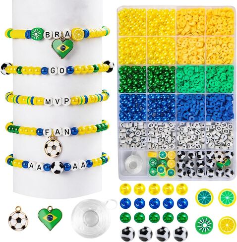 Goldwise Brazil Bracelet Making Kit for Fans, Green Yellow Blue Beads with Letter Beads, Football Charms & Brazil Flag, DIY Game Day Jewelry Kit for Women Girls, World Cup Fan Gift in Saudi Arabia
