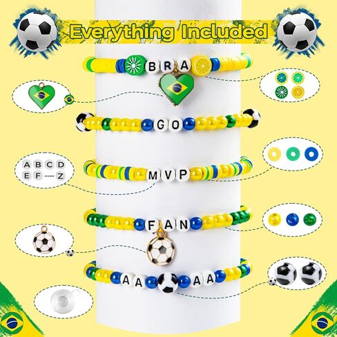 Goldwise Brazil Bracelet Making Kit for Fans, Green Yellow Blue Beads with Letter Beads, Football Charms & Brazil Flag, DIY Game Day Jewelry Kit for Women Girls, World Cup Fan Gift in Saudi Arabia