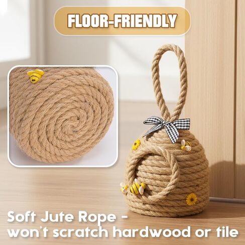 Farmhouse Door Stop for Bottom of Door, Heavy Duty Jute Rope Door Stopper with Handle and Decorative Bumblebee, Floor-Friendly Rustic Doorstop for Home, Office in Saudi Arabia