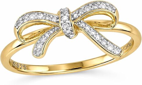 Cali Trove 1/10 cttw Diamond Ribbon Bow Rings for women |14kt Vermeil plated 925 Sterling Silver Rings for Women - Mother's Day gift for Mom | Bow Gold Ring for Women | Bowknot promise rings for her in Saudi Arabia