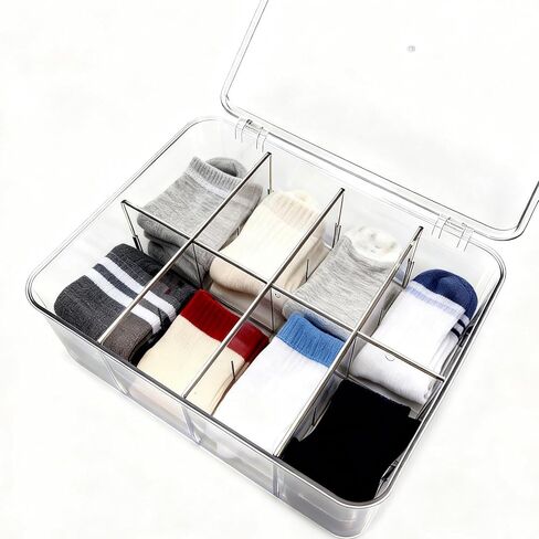 Sock Underwear Dresser Drawer Organizer with Dividers, Clear 8 Grids Plastic Storage Box Bin with Lid, Small Parts Bead Container for Jewelry Earring Scarves Ties Bras Crafts Fishing Tackle in Saudi Arabia
