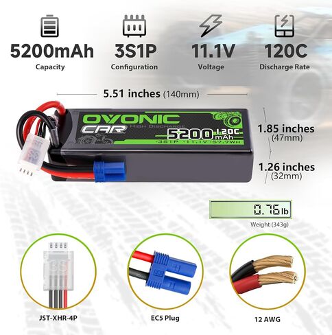 بطارية OVONIC 3S LiPo 11.1V 5200mAh 120C مع قابس EC5 (عبوتان) in Kuwait