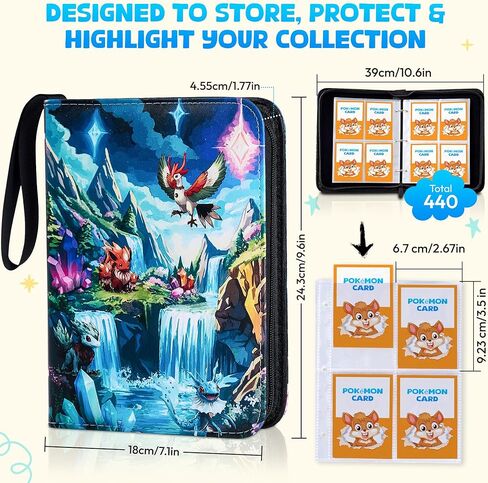 Trading Card Binder 4 Pocket with Zipper, Holds 440 Cards, 3 Ring Binder with 55 Removable Sleeves, Waterproof PU Leather Album for MTG, TCG, Sports & Baseball Cards, in Kuwait