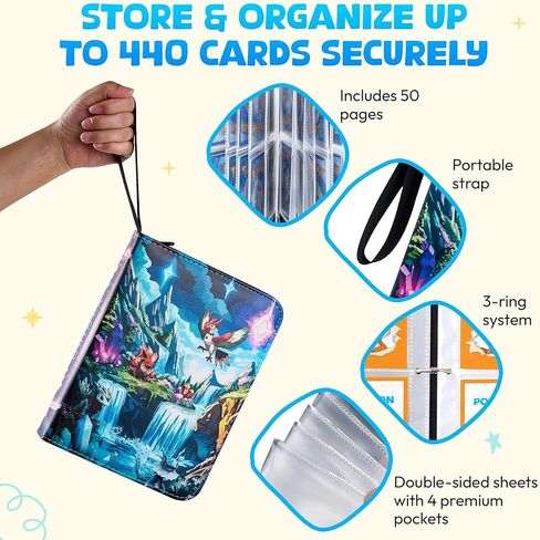 Trading Card Binder 4 Pocket with Zipper, Holds 440 Cards, 3 Ring Binder with 55 Removable Sleeves, Waterproof PU Leather Album for MTG, TCG, Sports & Baseball Cards, in Kuwait
