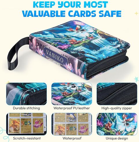 Trading Card Binder 4 Pocket with Zipper, Holds 440 Cards, 3 Ring Binder with 55 Removable Sleeves, Waterproof PU Leather Album for MTG, TCG, Sports & Baseball Cards, in Kuwait