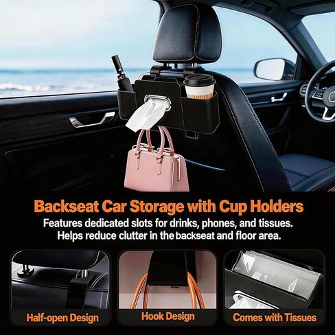 Car Organizer and Storage Box, Multifunctional Car Organizer Back Seat, Large Capacity Car Organizers and Storage Box for Phone, Drinks, Handbag, Travel Use, Compatible with Most Vehicles (Black) in Saudi Arabia