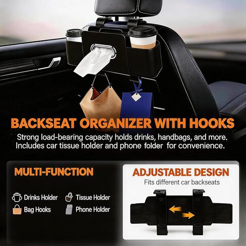 Car Organizer and Storage Box, Multifunctional Car Organizer Back Seat, Large Capacity Car Organizers and Storage Box for Phone, Drinks, Handbag, Travel Use, Compatible with Most Vehicles (Black) in Saudi Arabia