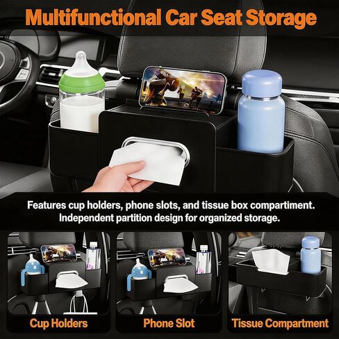 Car Organizer and Storage Box, Multifunctional Car Organizer Back Seat, Large Capacity Car Organizers and Storage Box for Phone, Drinks, Handbag, Travel Use, Compatible with Most Vehicles (Black) in Saudi Arabia