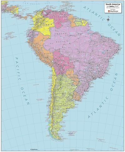MapSherpa: خريطة حائط سياسية لأمريكا الجنوبية - مضغوطة - ملصق مقاس 16 × 19.75 بوصة - تصفيح أمامي in Kuwait