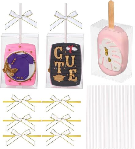 30 Set Clear Rice Krispie Treat Boxes with White Stick and Pink Tie, 3.5x2.4x1.38 Inches, Clear Boxes for Cakesickle, Treat, Party Favors in Saudi Arabia
