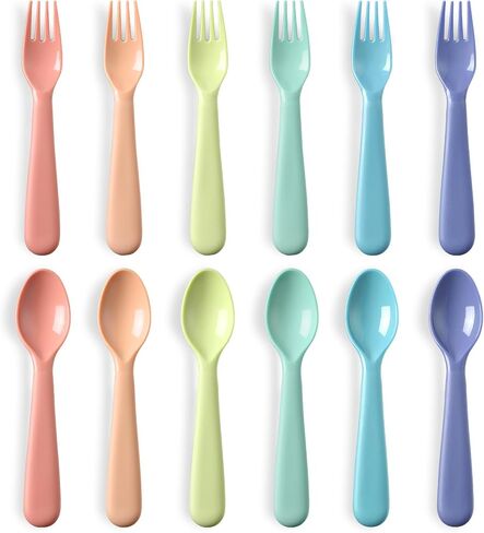 12 Pieces Toddler Utensils Set, Plastic Spoons and Forks Set for Kids, Children Safe Flatware, Plastic Reusable Cutlery, BPA Free, Dishwasher Safe in Saudi Arabia