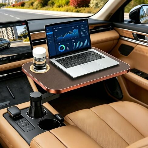 Car Tray & Desk for Laptop, Dual 360° Rotating, Anti-Slip Leather Surface, Steering Wheel Tray, Car Accessories- Compatible with Tesla Model Y/3/S, Ford F150/Explorer/Most Vehicles (Brown) in Saudi Arabia