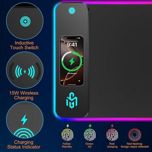 Mouse Pad Gaming Wireless Charging, 800x300x4mm Extended Desk Mat with 10 RGB Light Modes, Non-Slip Rubber Base, Waterproof Computer Keyboard Mat for Gamer, PC, Laptop, Office, Black in Kuwait