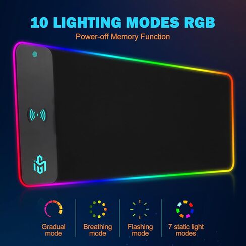 Mouse Pad Gaming Wireless Charging, 800x300x4mm Extended Desk Mat with 10 RGB Light Modes, Non-Slip Rubber Base, Waterproof Computer Keyboard Mat for Gamer, PC, Laptop, Office, Black in Kuwait