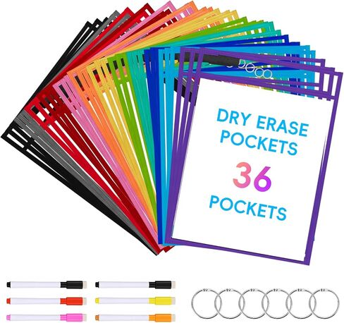 24 Pack Red Dry Erase Pockets, 10" x 14" Clear Plastic Sleeves for Classroom, Teacher, Office Supplies, with 6 Metal Clasps and 6 Colored Markers in Saudi Arabia