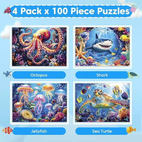 4 Pack 100 Piece Puzzles for Kids Ages 4-8, Large Piece Kids Puzzles Ages 4-6 6-8 8-10, Ocean Theme Jigsaw Puzzle Toys, Educational Family Puzzles Gifts for Boys and Girls in Kuwait