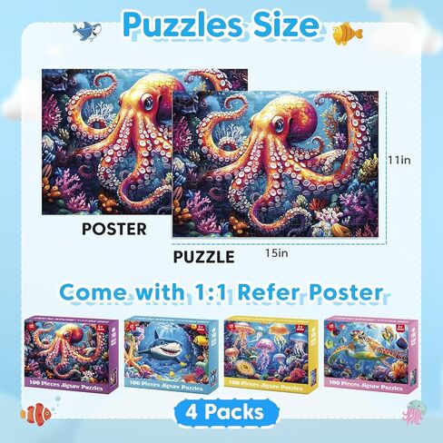 4 Pack 100 Piece Puzzles for Kids Ages 4-8, Large Piece Kids Puzzles Ages 4-6 6-8 8-10, Ocean Theme Jigsaw Puzzle Toys, Educational Family Puzzles Gifts for Boys and Girls in Kuwait