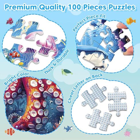4 Pack 100 Piece Puzzles for Kids Ages 4-8, Large Piece Kids Puzzles Ages 4-6 6-8 8-10, Ocean Theme Jigsaw Puzzle Toys, Educational Family Puzzles Gifts for Boys and Girls in Kuwait